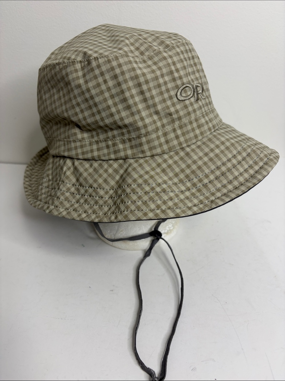Outdoor Research Lightstorm Bucket Hat Mens XL Beige Gray Check Packable